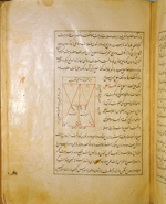 Folio 8a of Ibn Ilyās' Tashrīḥ-i badan-i insān (The Anatomy of the Human Body) featuring a schematic inked diagram of the bones of the upper jaw (maxilla) with the positions of the teeth indicated on the right center side of the page. The paper is thick, creamy, opaque and burnished with faint irregular laid lines. The text is written in a careful and elegant nasta‘liq script within frames of two thin inked lines with the area between filled with gilt. Black ink with rubrications.