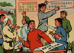 Poster featuring an image of a women wearing a long-sleeved red shirt is shown at a table, a pen in her right hand and poster with Chinese characters in her left. Behind her, others paste completed signs on a wall. Text below