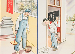 Poster with a dark blue background, two images on top showing a worker and a child spitting in spittoons, text on the bottom