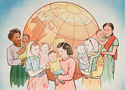 Poster with a brown background, image on top showing multi-racial mothers holding small children with a globe in the background, and text on the bottom