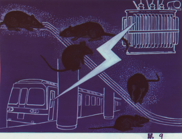 Mostly dark blue image with dark silhouettes of rats and a white line drawing of electrical wires and subway in the back