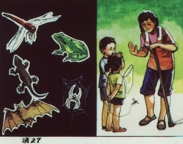 Two images: to the left shows a mosquito, frog, spider, and lizard; and to the right am older woman speaking to a boy and girl holding a mosquito net and a mosquito on a string 