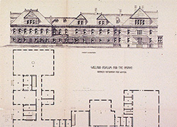 Front elevation and first floor plan of a sprawling building of three floors.