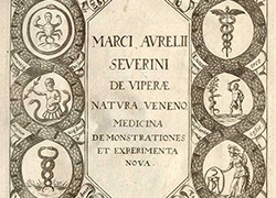 Illustrated title page featuring snakes, including the single-snake staff of Asclepius and the double snake of the caduceus with other ancient medical and mythological images involving snakes.