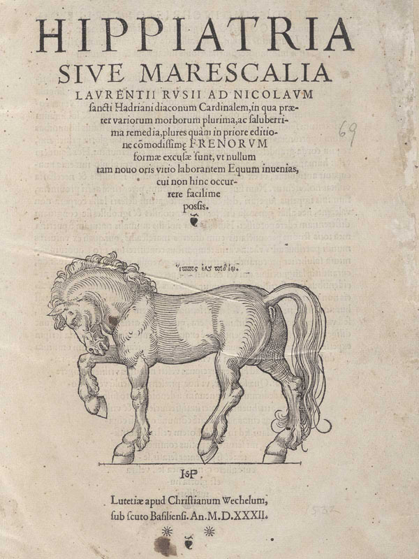 Title page with large woodcut of horse facing left with uplifted right foot.