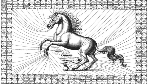 Disease chart showing a rearing horse with a great many lines leading from different parts of the horse’s body to disease names arranged around the edge of the page.