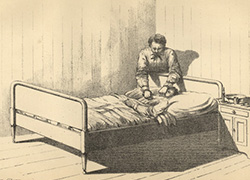 A lithograph of plate number 6, position number 4 of a murder case. A man is standing behind a bed leaning over a woman lying on a bed with knife in his right hand while placing his left hand over the mouth of the woman and slitting her neck.