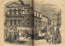 Pages 96-97 of a book, featuring an engraving of a scene before the Central Criminal Court during Palmer’s trial.