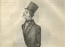 A full page engraving of Dr. Parkman, walking in a top hat and tail coat, “as last seen previous to the murder”.