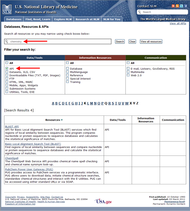 Screen capture of search with MeSH term chemistry and the API filter.