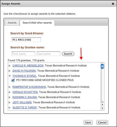 Screen capture of List of grantees names and their awards