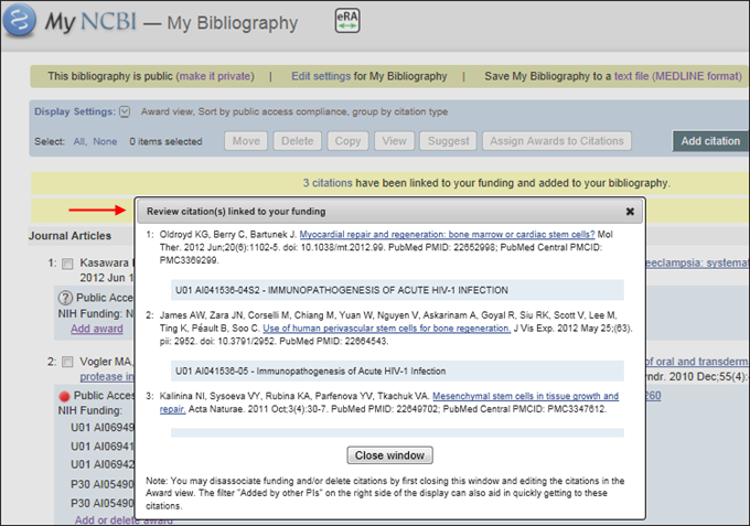 Screen capture of List of citations added based on funding