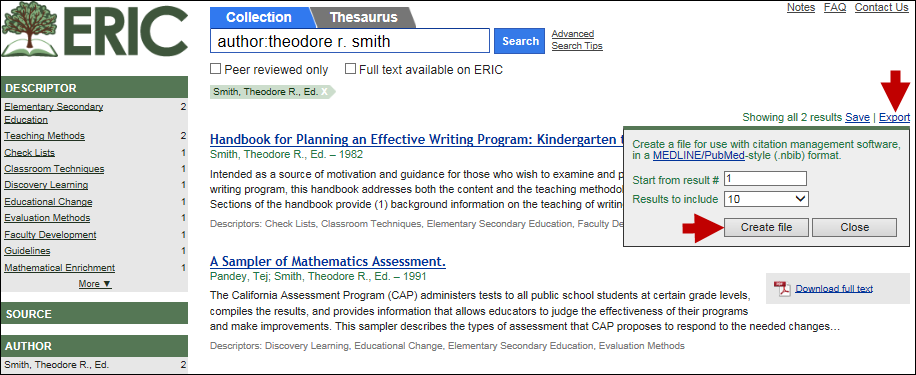 screen shot of ERIC export citation file option.