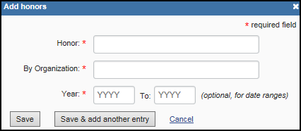 screen shot of Add honors form.