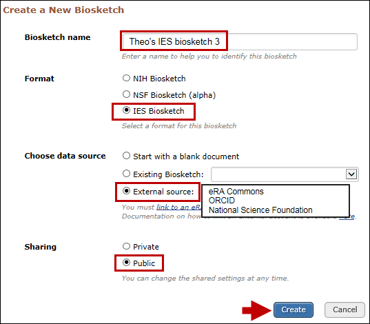 screen shot of Create an IES biosketch using information from an external data source