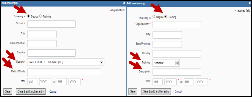 screen shot of Adding Degrees and Training to an IES biosketch