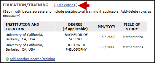 screen shot of Education/Training section