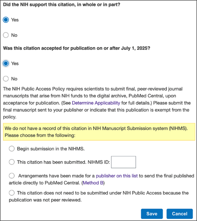 Screenshot of My Bibliography section on NIH Public Access Policy.