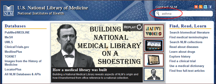 Screen capture of Search for Asthma from the NLM main Web site