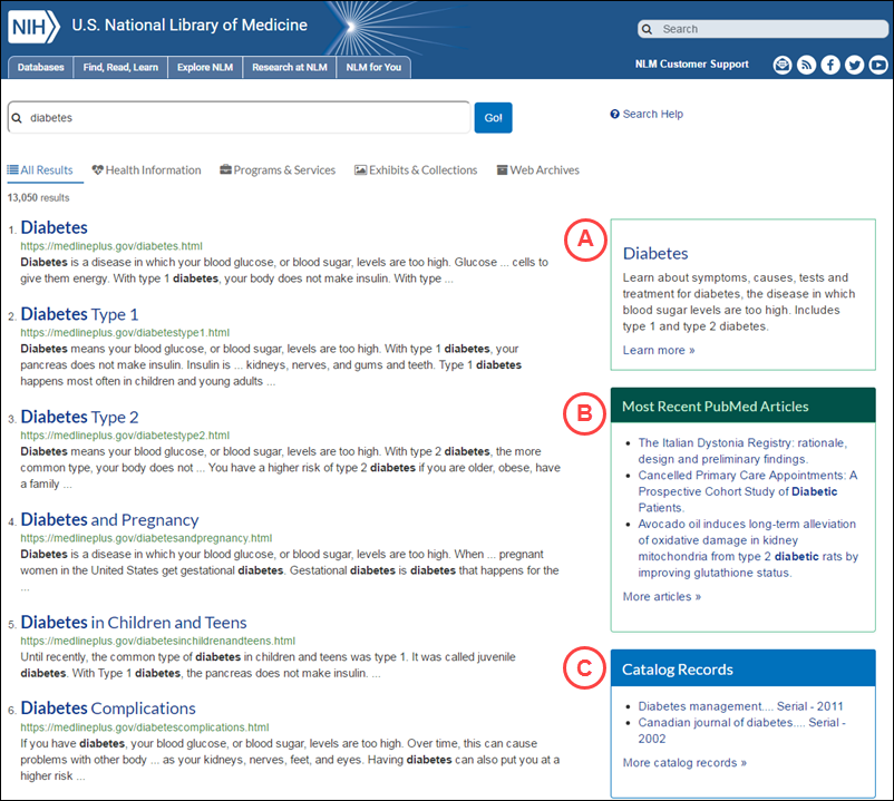 Results for Diabetes on desktop view