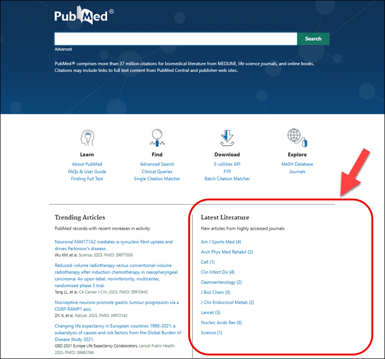 Bottom right section, titled Latest Literature, of PubMed homepage is circled and pointed at with red arrow.