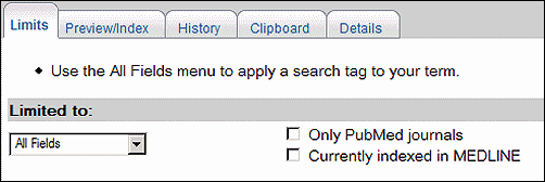 Screen capture of Limits page in the Journals database.