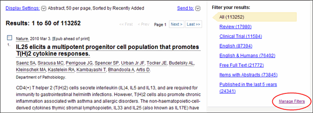 Screen capture of Results filters