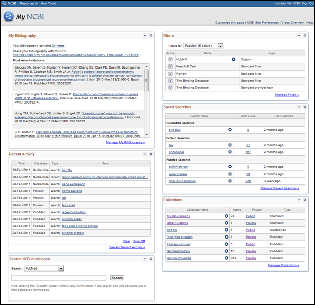 Screen capture of New My NCBI Homepage.