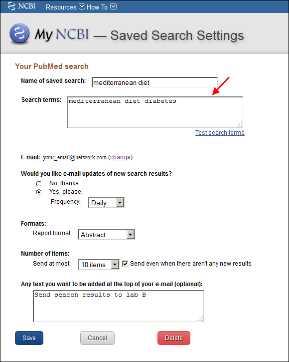 Screen capture of My NCBI Saved Search Setting page with an editable <blockquote>Search terms</blockquote> box.