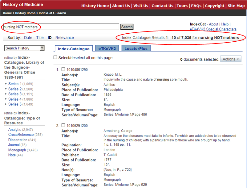 Screen capture of Combination searching using the Boolean operator NOT – nursing not mothers.