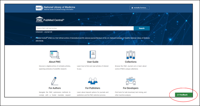 screenshot of PMC homepage with the Feedback button circled.