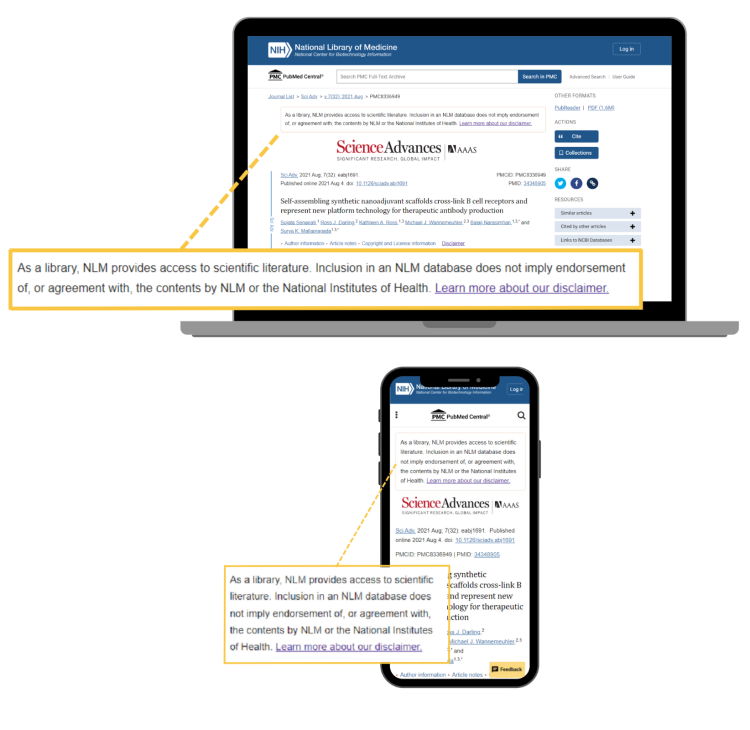 A laptop and phone with an example PMC article displayed. The disclaimer is highlighted.