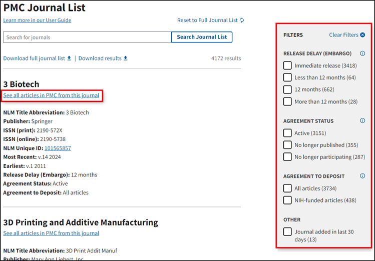 screenshot of PMC Journal list with improvements outlined in red