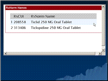 Screenshot of Ticlid RxNorm Names, from DailyMed