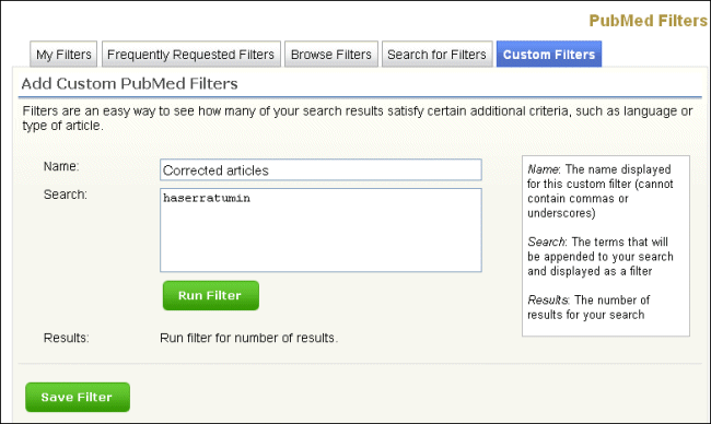 Screen capture of PubMed Customer Filters.