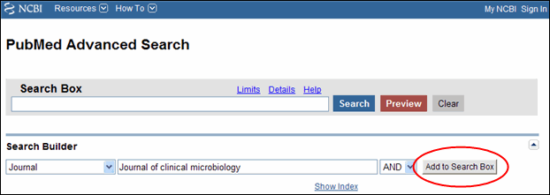 Screen capture of Advanced Search Page after clicking the Search Builder Add to Search Box button.