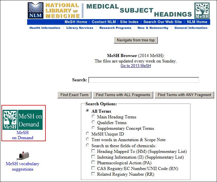 Screen capture of the MeSH Browser homepage with the MeSH on Demand logo.