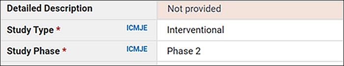 Selected field labels from the Researcher View tab, annotated with symbols from the ClinicalTrials.gov data element definitions document and a note indicating fields required by International Committee of Medical Journal Editors (ICMJE) policy.