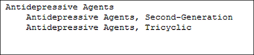 Screen capture of Hierarchical display of the heading, Antidepressive Agents and its indentions in MeSH.