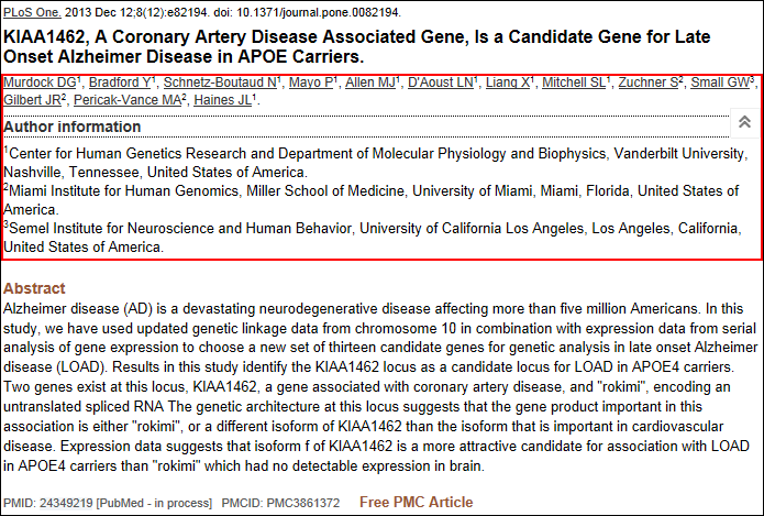 Screen capture of Author information for multiple affiliations.