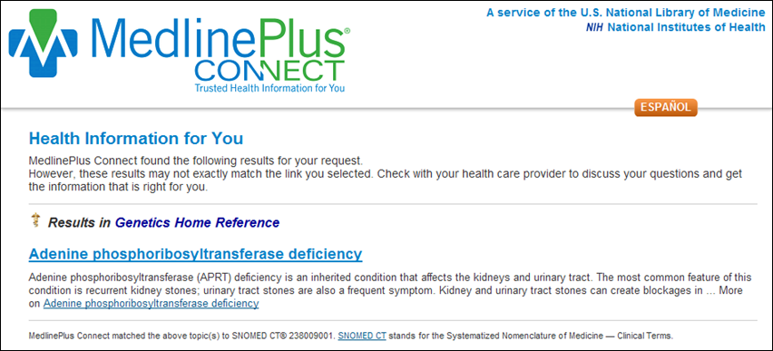 Screen capture of Sample response with GHR information but no MedlinePlus information