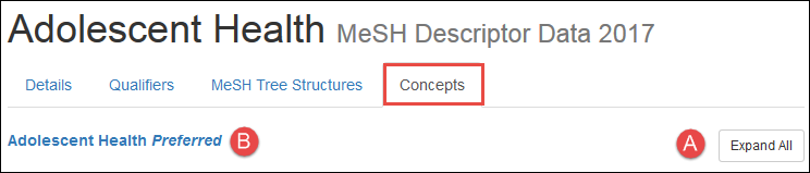 screenshot of the MeSH Concept view for Adolescent Health