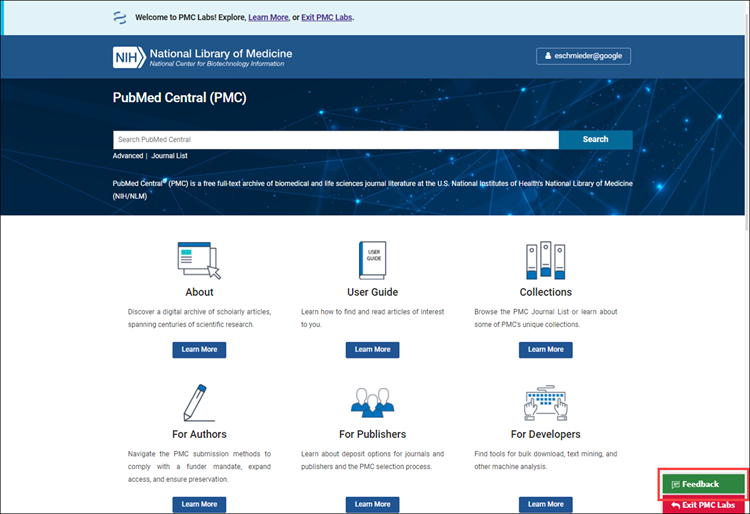 The PMC Labs homepage with the Feedback link (circled) for you to provide comments and suggestions..