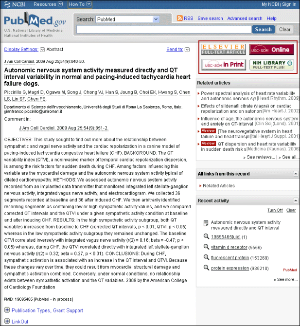 Screen capture of Library LinkOut and Outside Tool icons in Abstract display for a single citation.