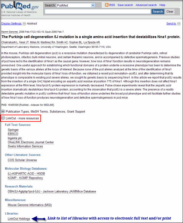 Screen capture of LinkOut - more resources full text and supplementary information links in Abstract display for a single citation.