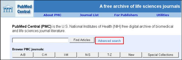 screen shot of PMC homepage with a box highlighting Advanced search.
