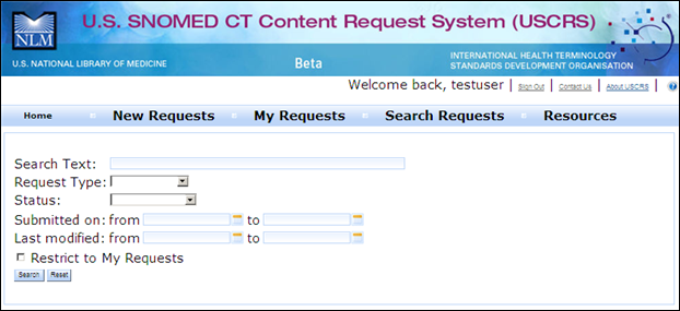 Screen capture of USCRS Search Requests screen