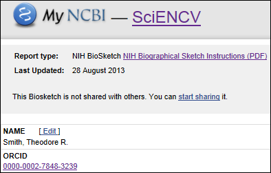 Screen capture of Name and ORCID Id in SciENcv