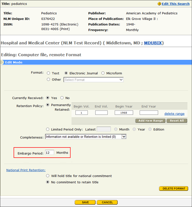 Screen capture of Serial Holdings Edit display with new Embargo Period option.