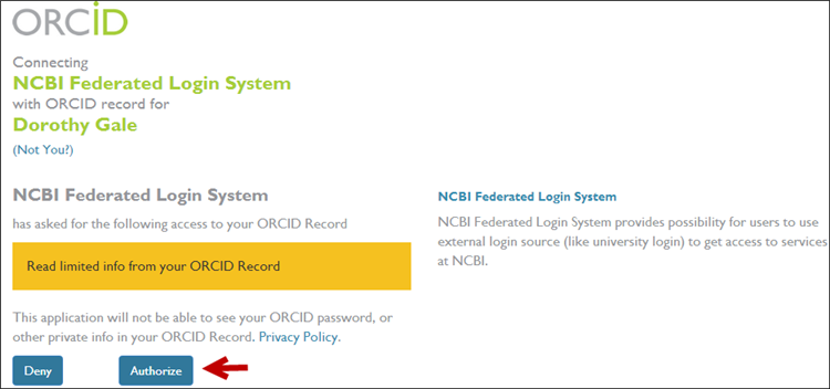 Screen capture of NCBI Sign in page